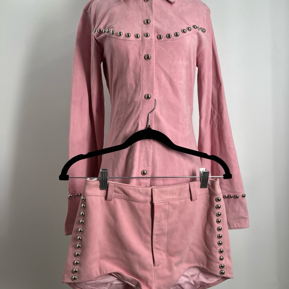 Retrofete Women's Long Sleeve Palmira Pink Suede Shirt & Shorts Set Size Small